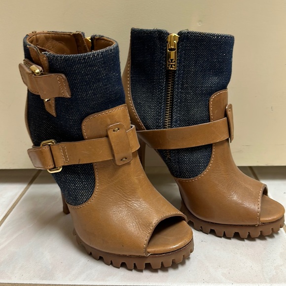 Tory Burch Cognac Brown Leather & Dark Blue Denim Peep Toe Boots - Picture 1 of 3